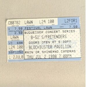 Vintage '98 B-52s / Pretenders Concert Ticket Stub Blockbuster Pavilion Ephemera
